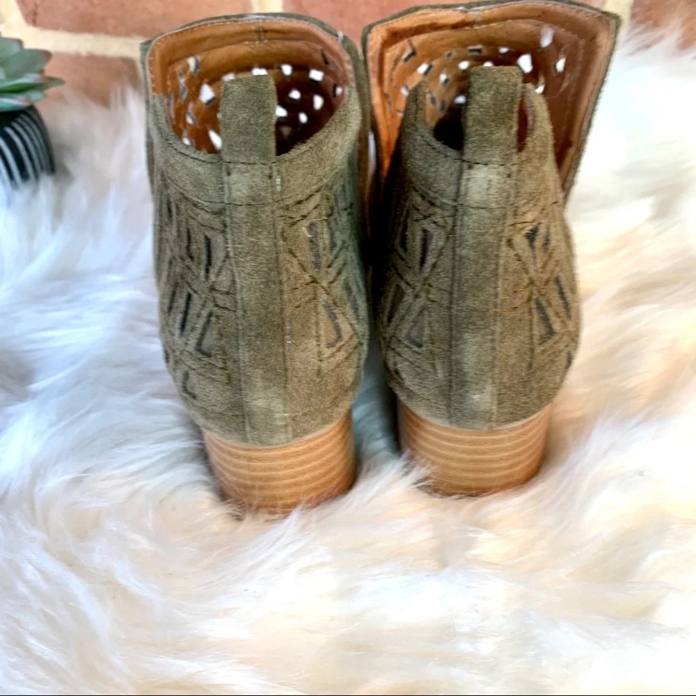 JEFFREY CAMPBELL Coastal Cowgirl Western Sagat Laser Cut Olive Suede Boots, 8.5
